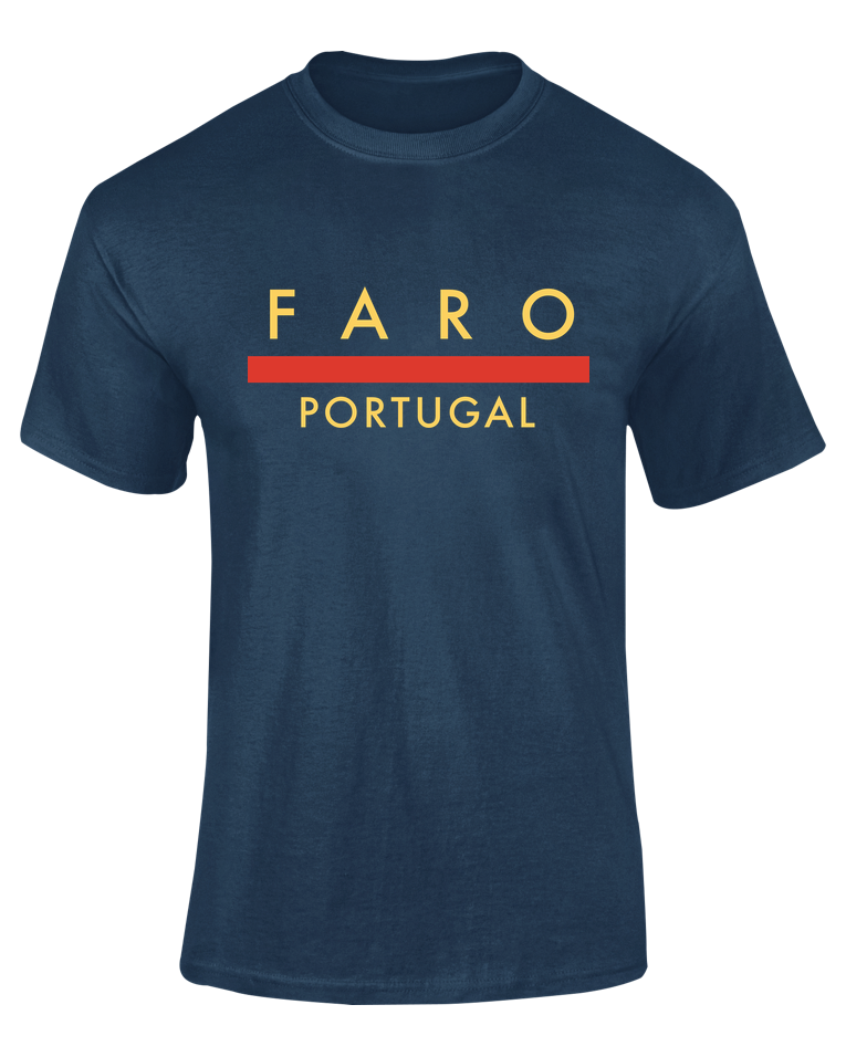 Camiseta Línea Roja Faro azul marino con texto "Faro Portugal" en amarillo y línea roja – Destination.es