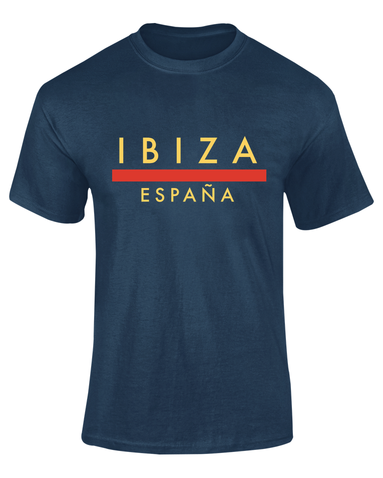 Camiseta Línea Roja Ibiza azul marino con texto "Ibiza España" en amarillo y línea roja – Destination.es
