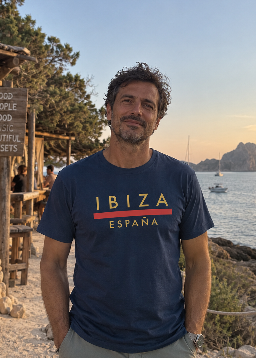 Modelo con Camiseta Línea Roja Ibiza azul marino, diseño "Ibiza España" – Destination.es