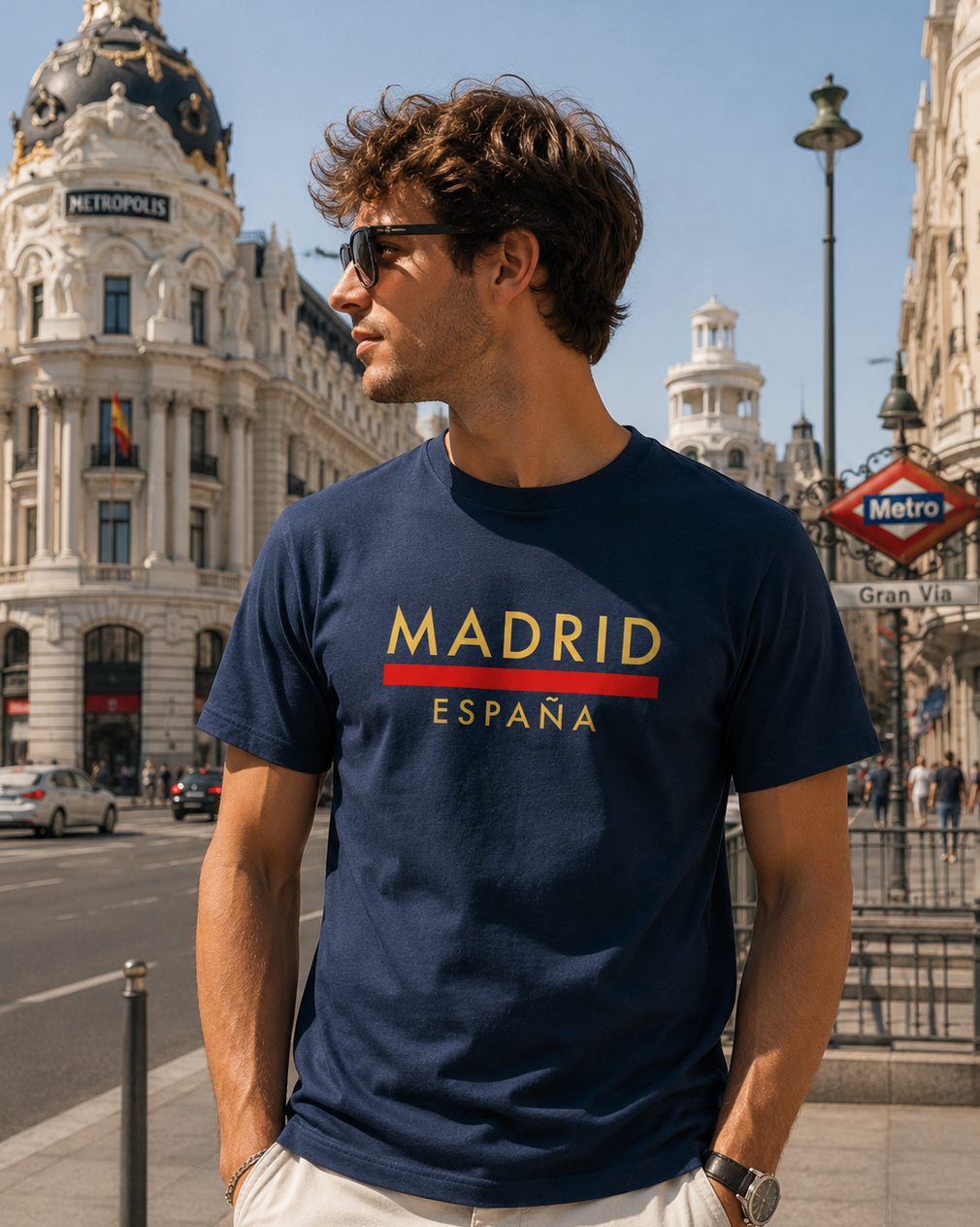 Modelo con Camiseta Línea Roja Madrid azul marino, diseño "Madrid España" – Destination.es