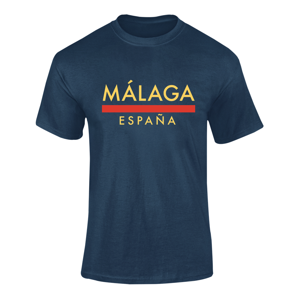 Camiseta Línea Roja Málaga azul marino con texto "Málaga España" en dorado – Destination.es