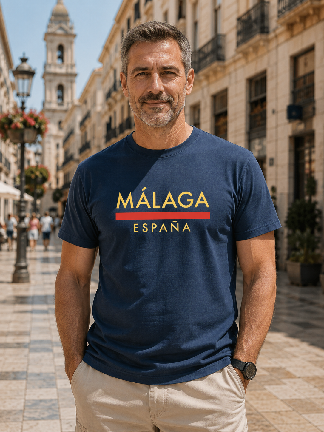 Modelo con Camiseta Línea Roja Málaga azul marino, diseño "Málaga España" – Destination.es