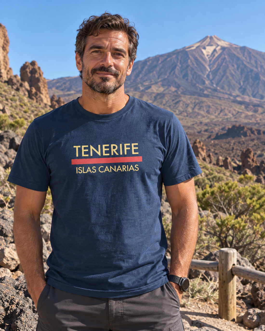 Modelo con Camiseta Línea Roja Tenerife azul marino, diseño "Tenerife Islas Canarias" – Destination.es