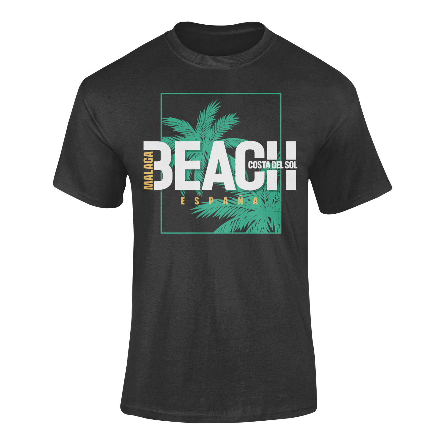 Camiseta Málaga Beach negra con ilustración de palmera y texto "Costa del Sol" – Destination.es