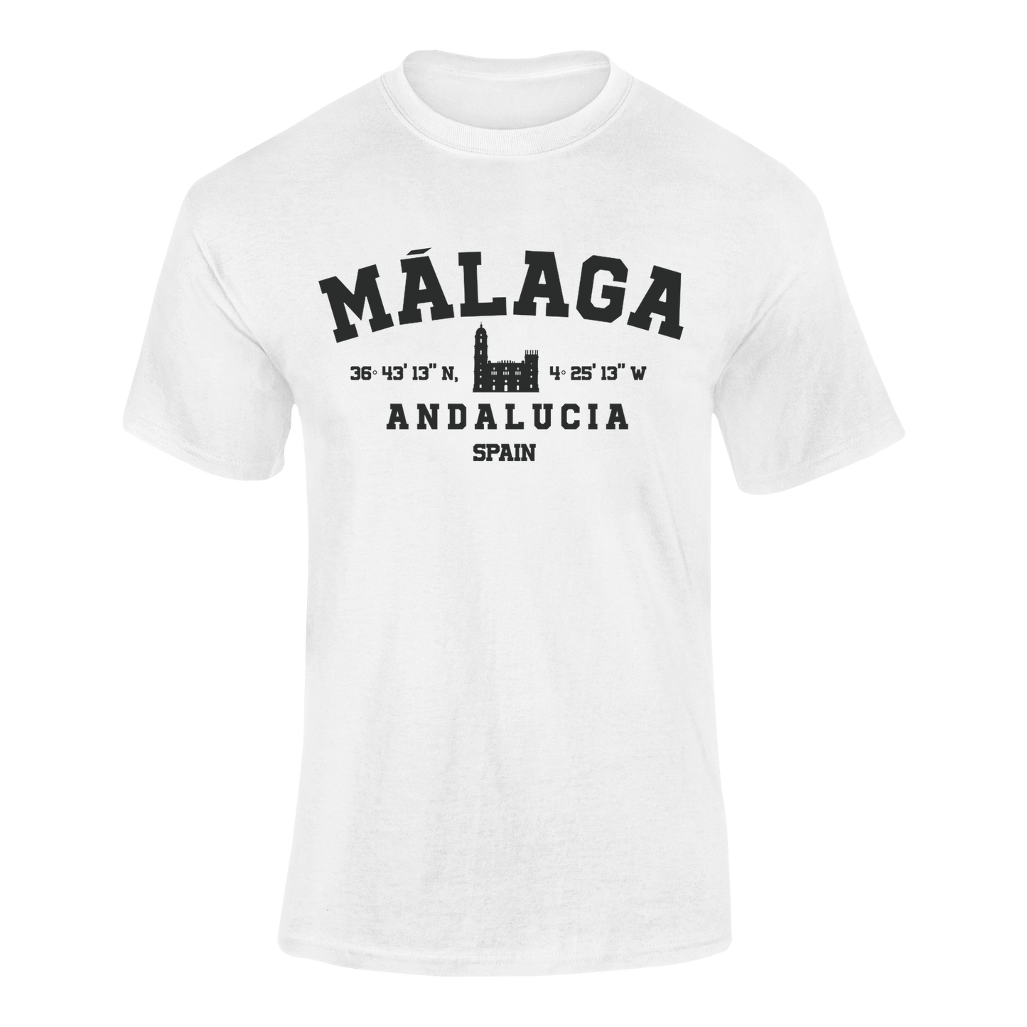 Camiseta Málaga Coordenadas blanca con diseño varsity y coordenadas geográficas – Destination.es