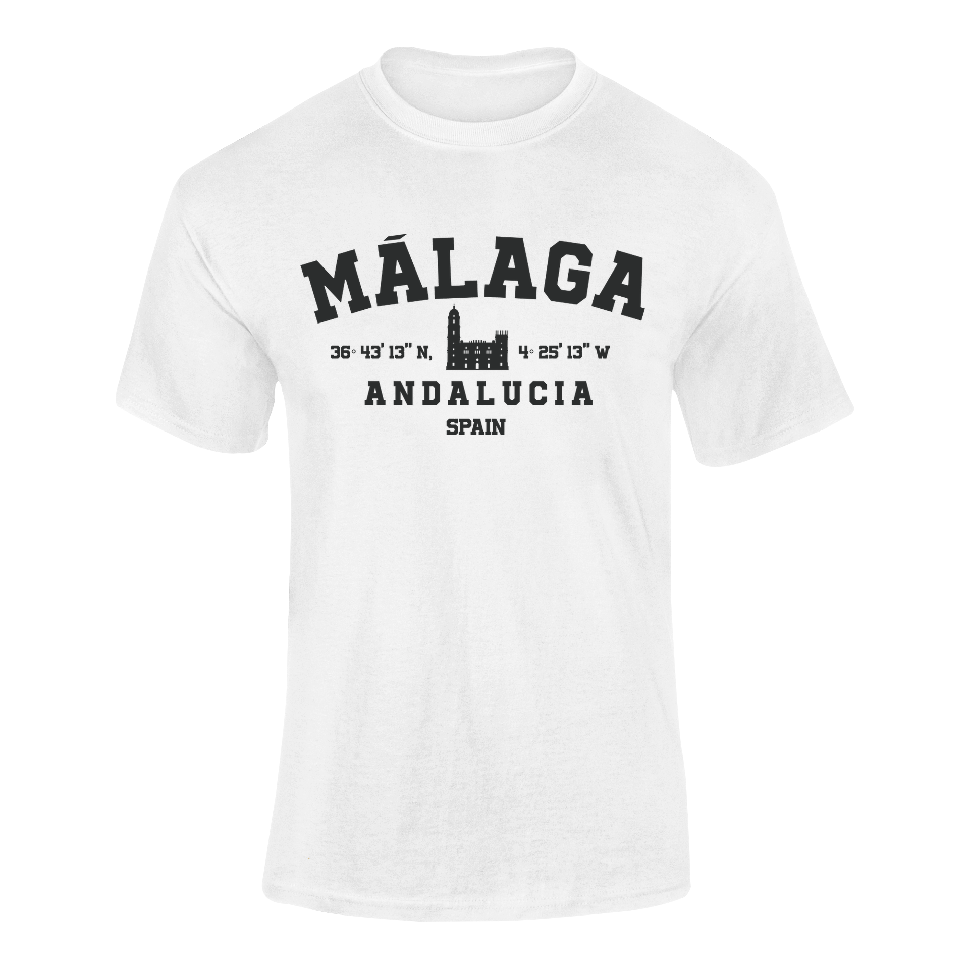 Camiseta Málaga Coordenadas blanca con diseño varsity y coordenadas geográficas – Destination.es