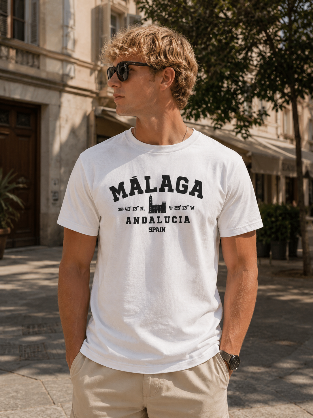 Modelo con Camiseta Málaga Coordenadas blanca, diseño varsity "Málaga Andalucía Spain" – Destination.es