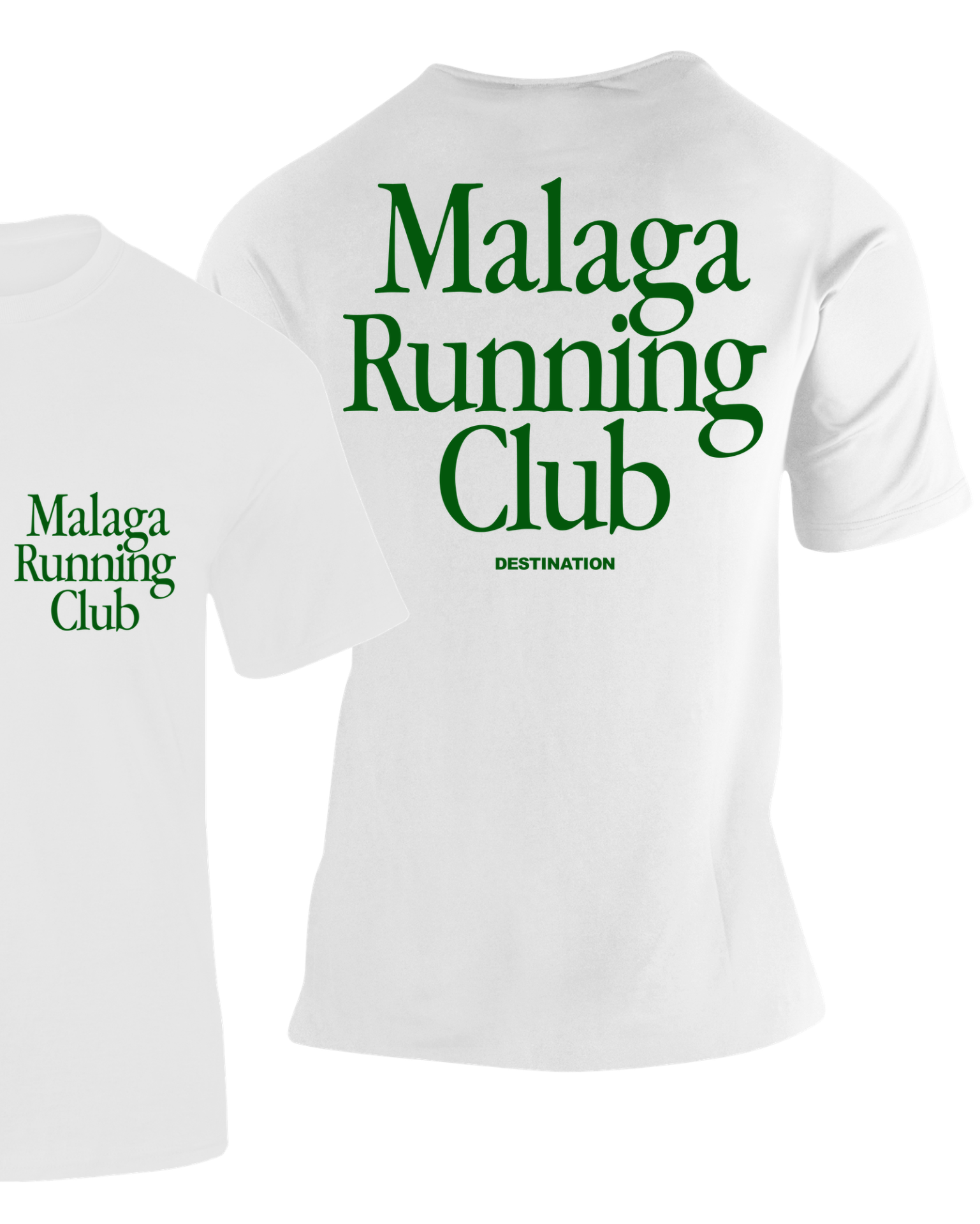 Camiseta Málaga Running Club blanca con texto en verde estilo serif – Destination.es