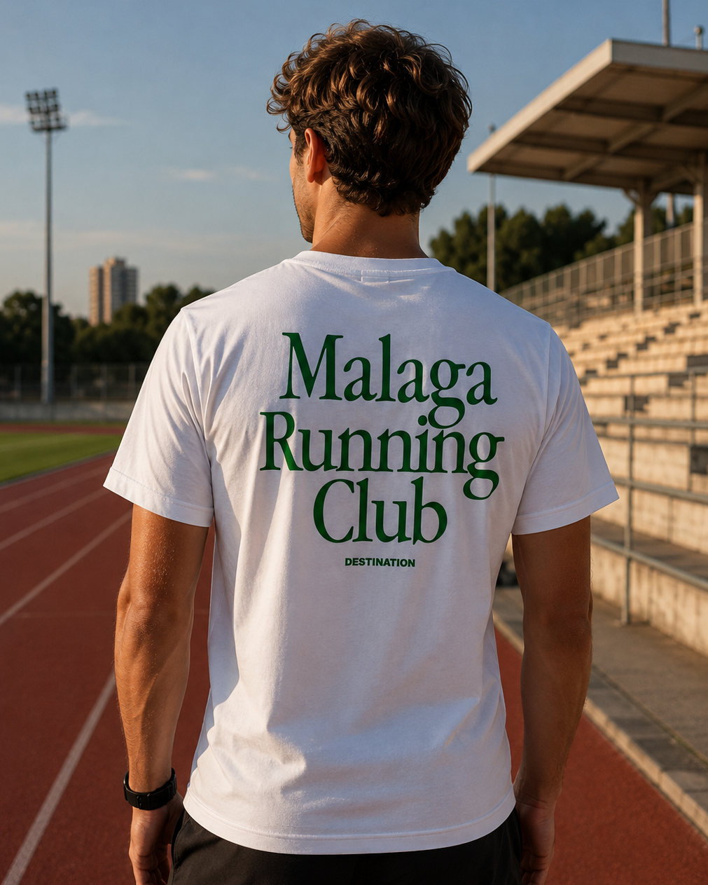 Modelo con Camiseta Málaga Running Club blanca, diseño de texto verde – Destination.es