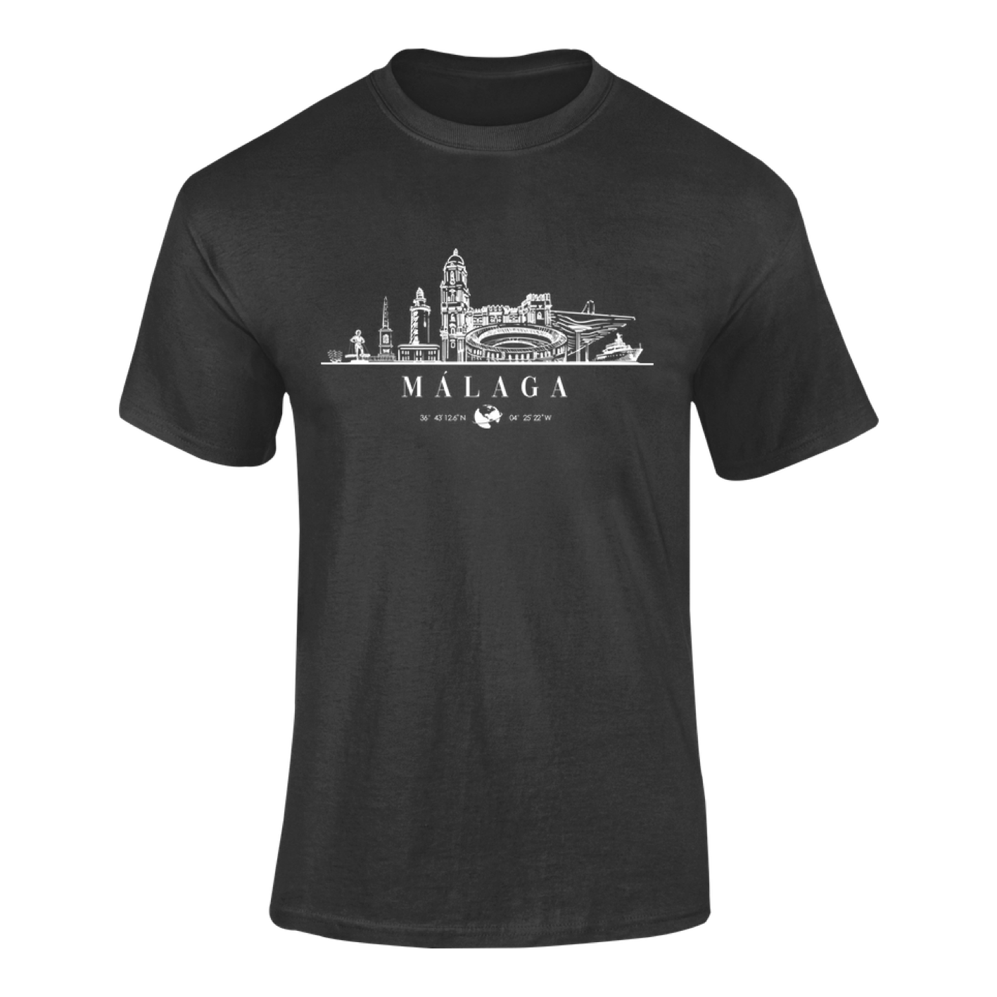 Camiseta Málaga Skyline negra con ilustración line art del perfil urbano – Destination.es