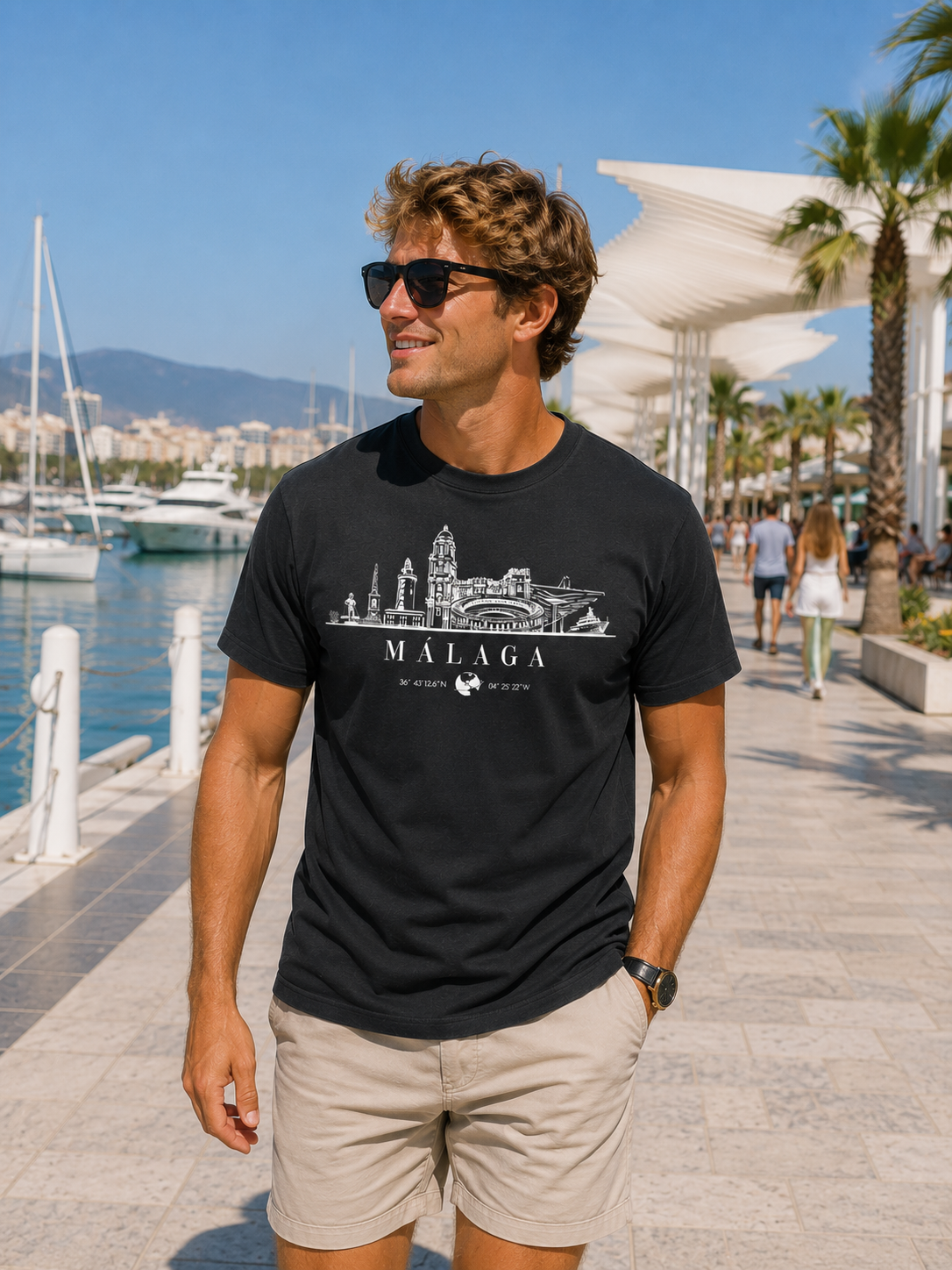 Modelo con Camiseta Málaga Skyline negra, diseño de skyline y coordenadas – Destination.es