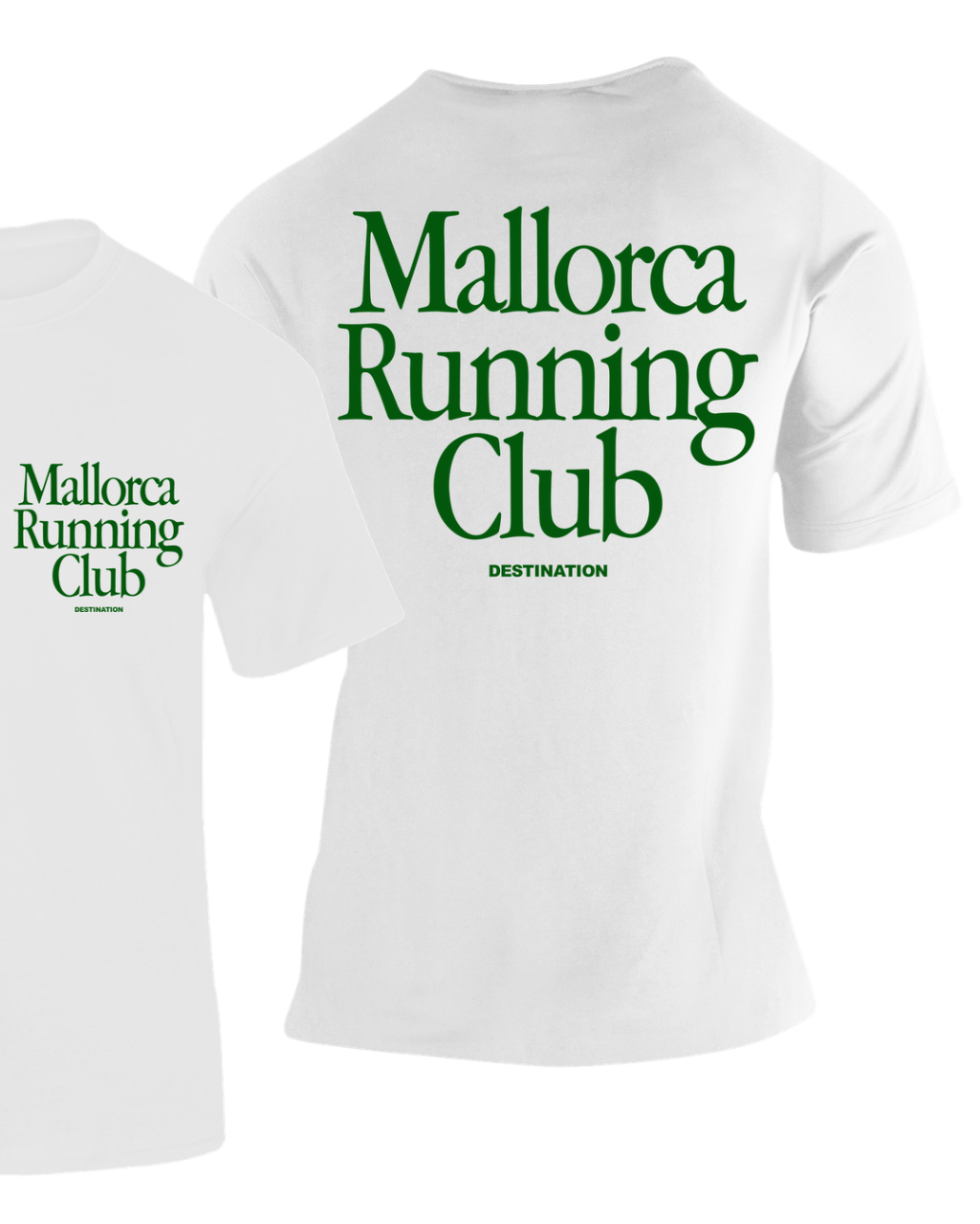 Camiseta Mallorca Running Club blanca con texto en verde estilo serif – Destination.es