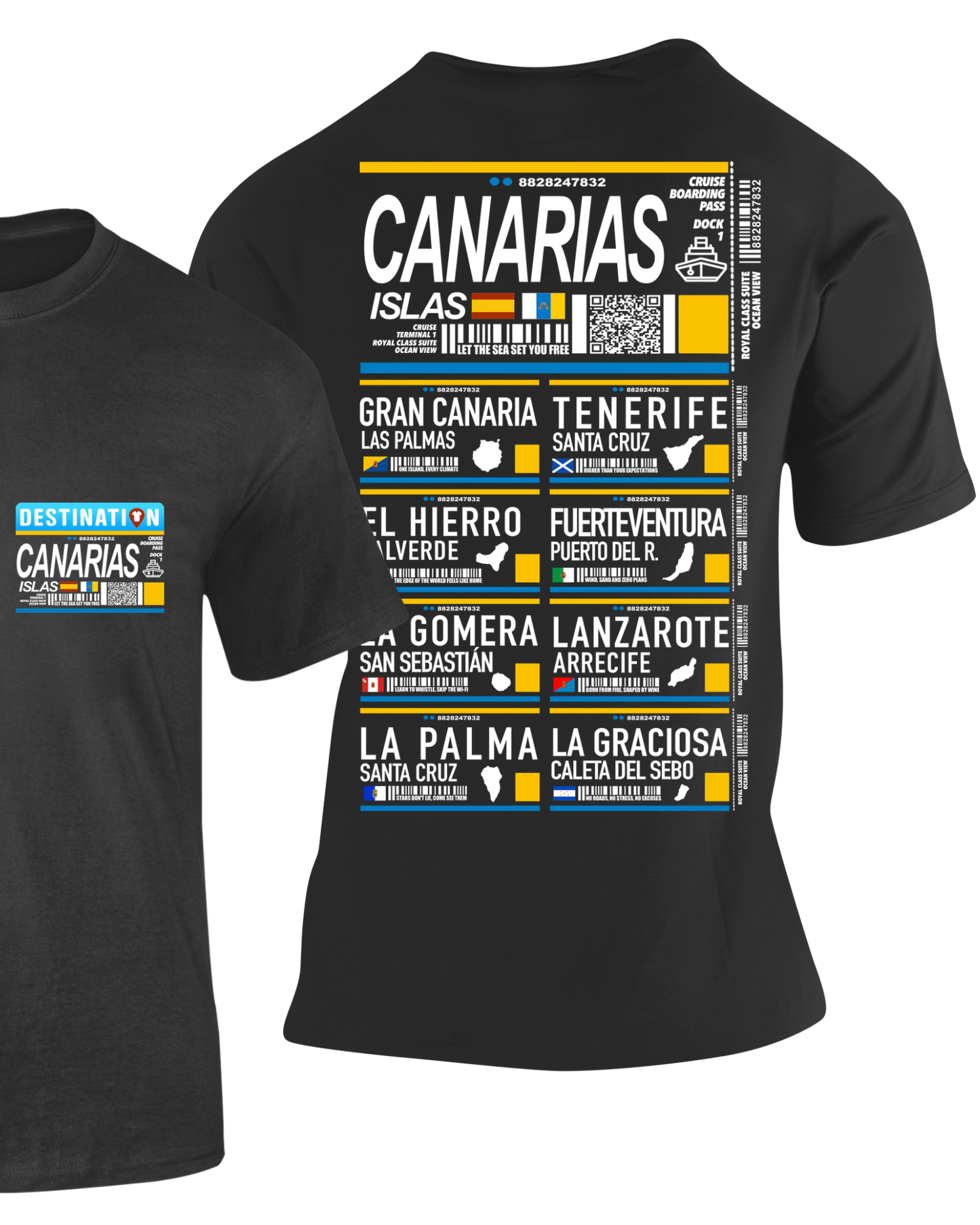 Camiseta Multi Boarding Canarias negra con diseño de pases de embarque de las islas – Destination.es