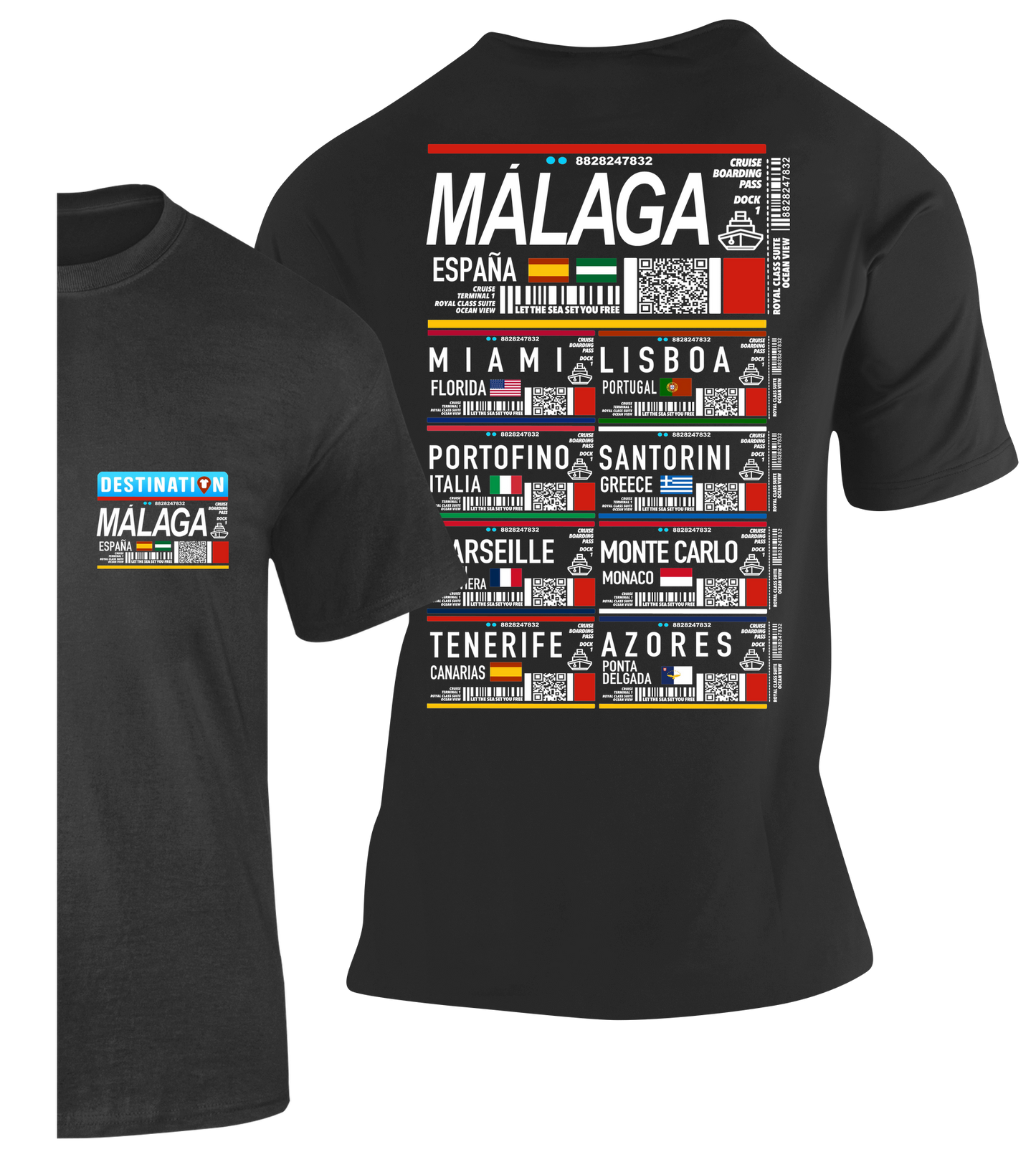 Camiseta Multiboarding Málaga negra con diseño de pases de embarque y destinos internacionales – Destination.es