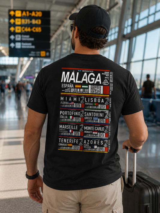 Modelo con Camiseta Multiboarding Málaga negra, diseño de pase de embarque estilo crucero – Destination.es
