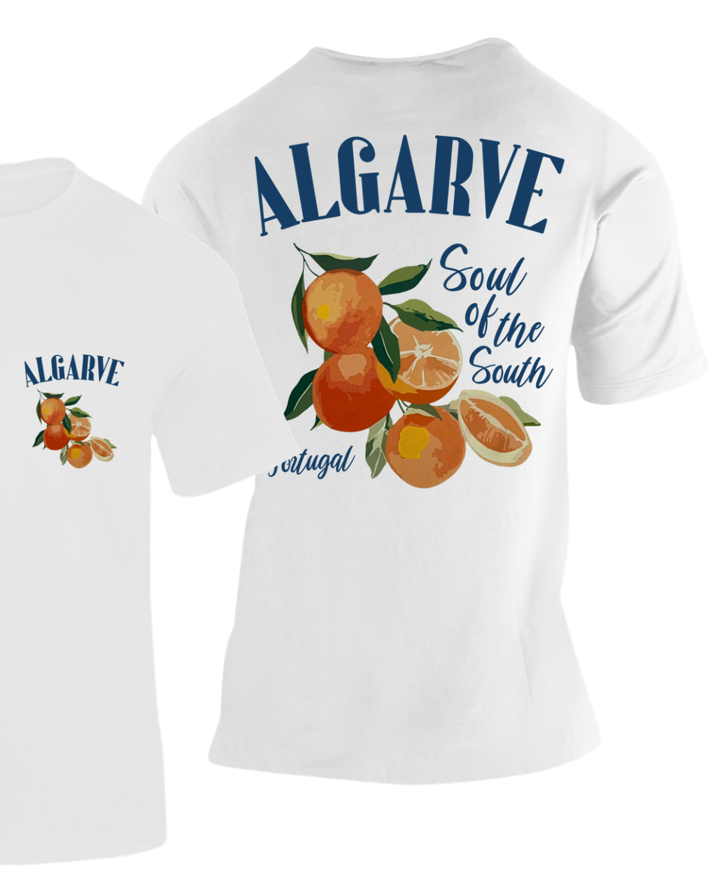 Camiseta Naranjas Algarve blanca con ilustración de naranjos y texto "Soul of the South" – Destination.es