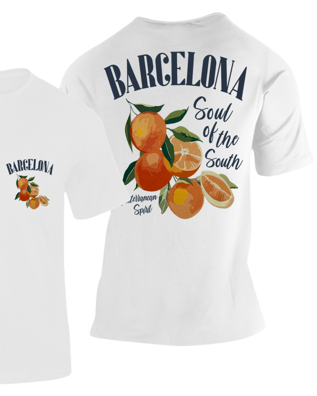 Camiseta Naranjas Barcelona blanca con ilustración de naranjos y texto "Soul of the South" – Destination.es