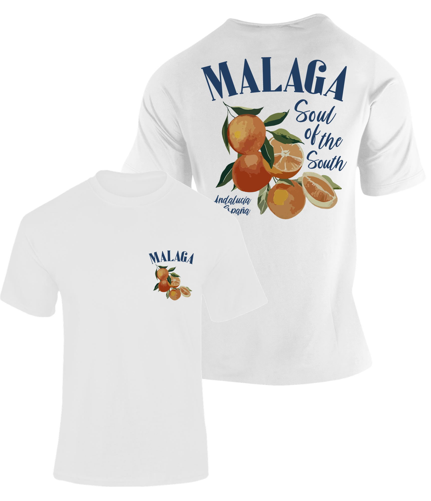 Camiseta Naranjas Málaga blanca con ilustración de naranjas y texto "Soul of the South" – Destination.es