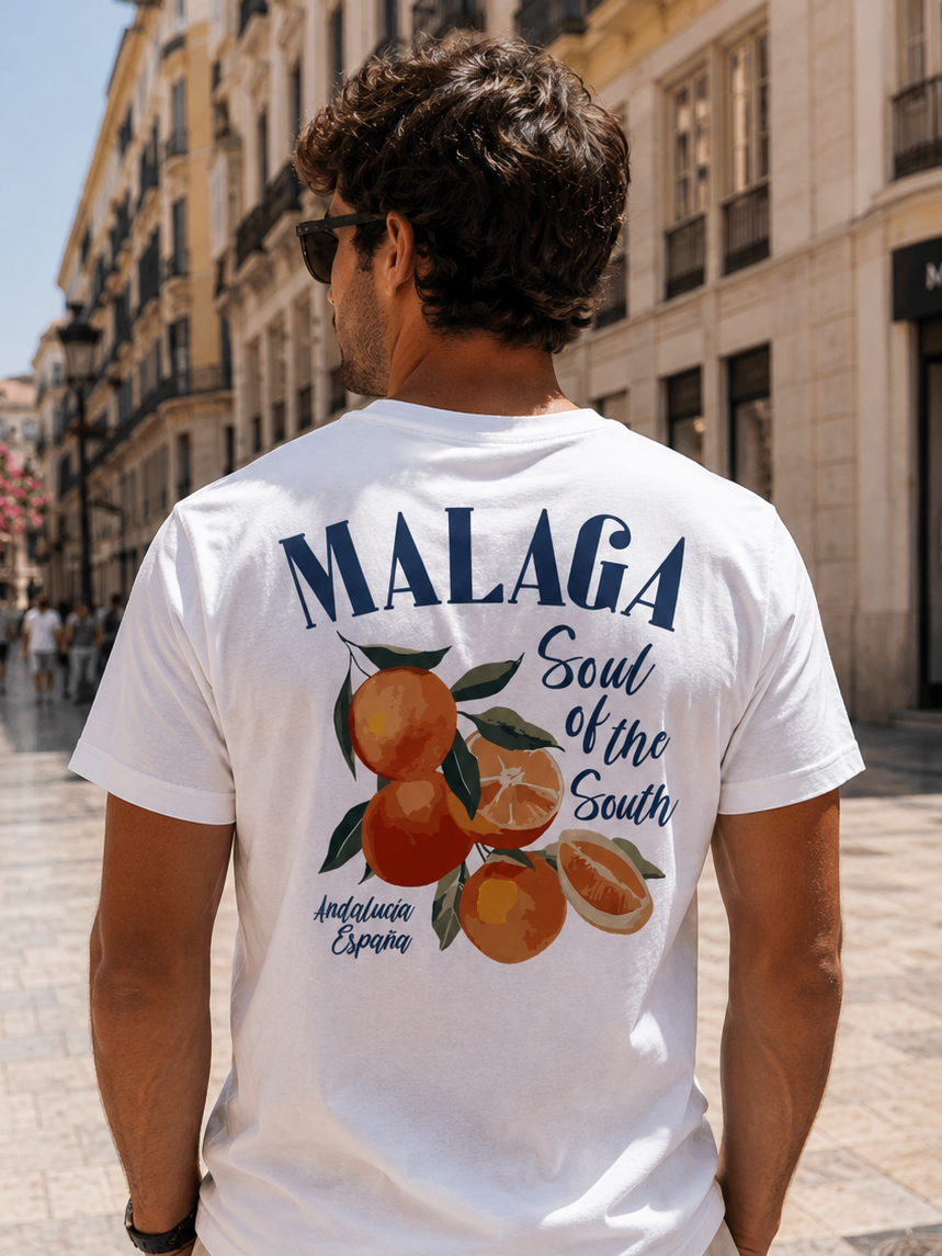 Modelo con Camiseta Naranjas Málaga blanca, diseño de naranjas y Andalucía España – Destination.es
