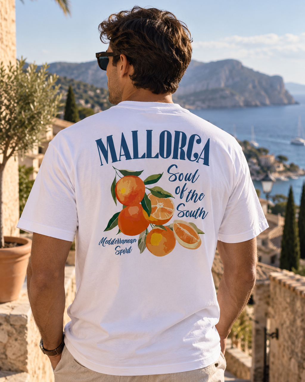 Camiseta Naranjas Mallorca blanca con ilustración de naranjos y texto "Soul of the South" – Destination.es