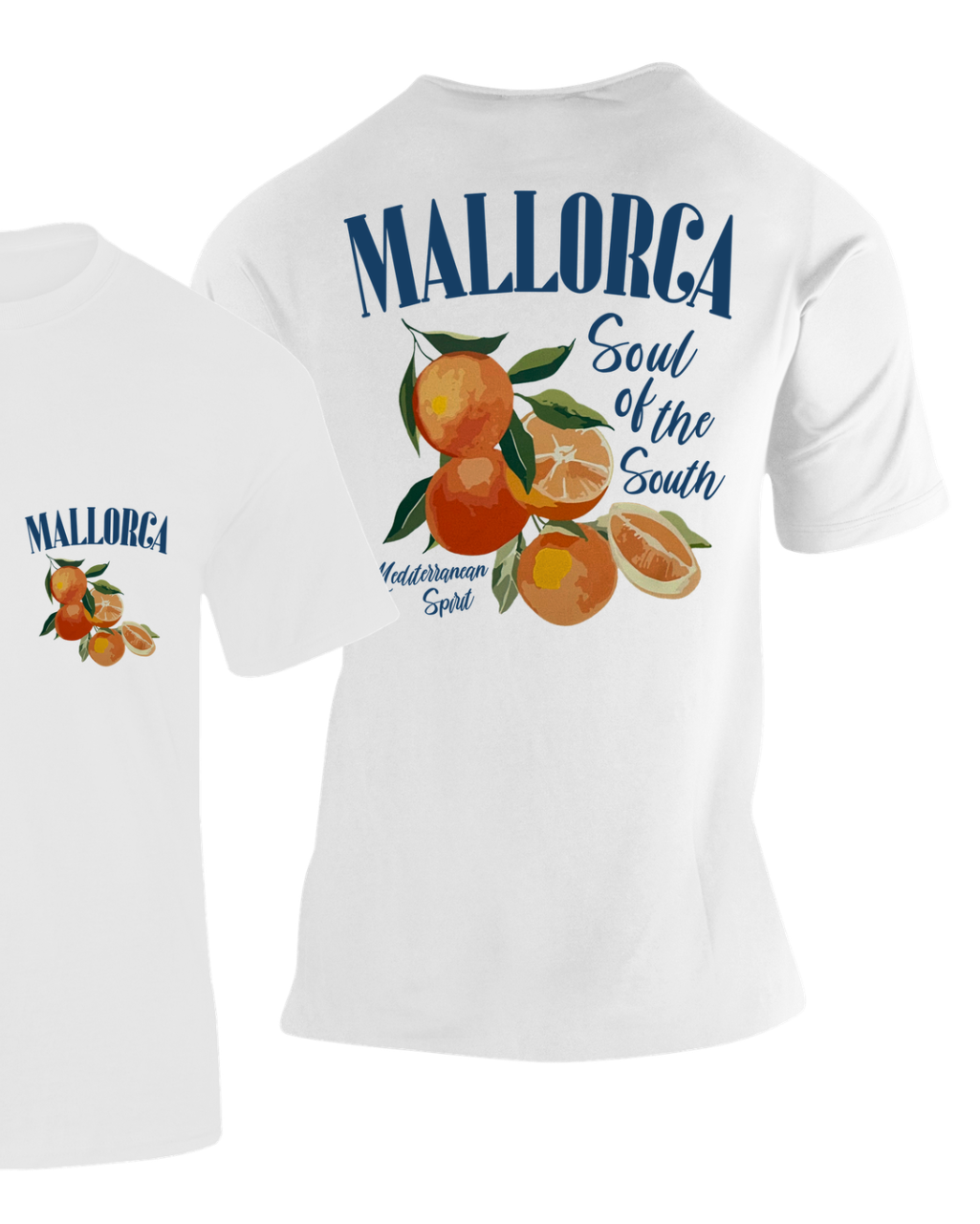 Modelo con Camiseta Naranjas Mallorca blanca, diseño de naranjas y "Soul of the South" – Destination.es