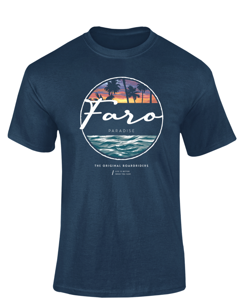 Camiseta Paradise 360 Faro azul marino con diseño circular de atardecer y olas – Destination.es