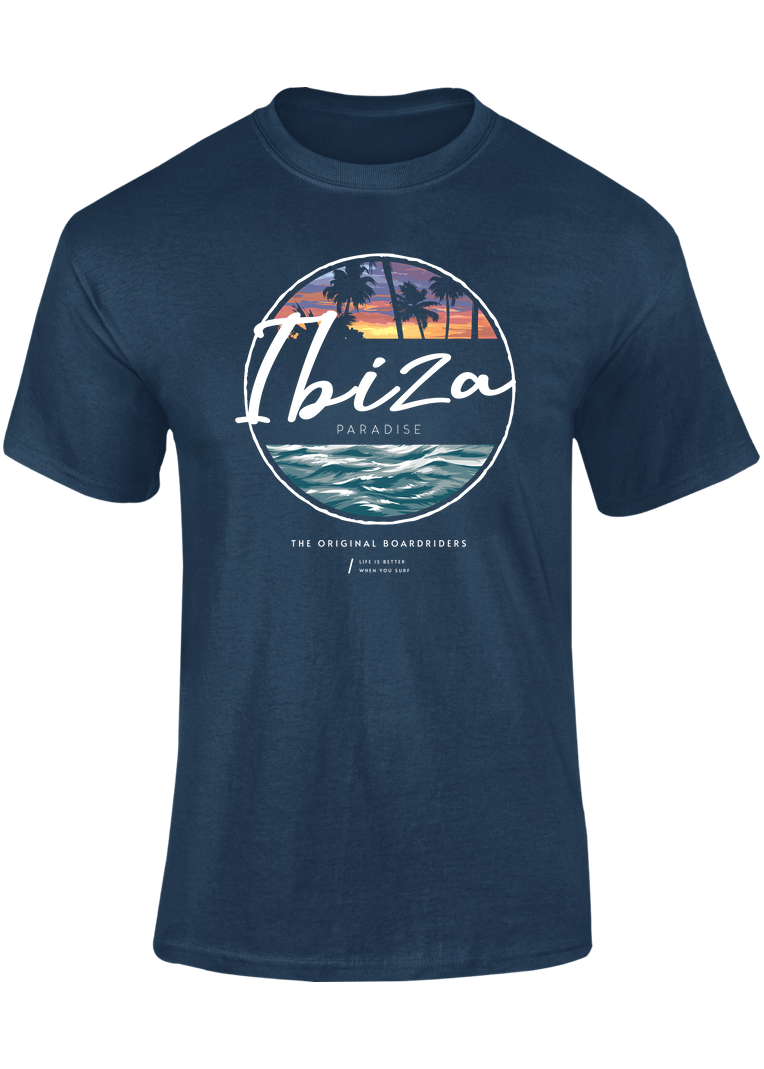 Camiseta Paradise 360 Ibiza azul marino con diseño circular de atardecer y olas – Destination.es