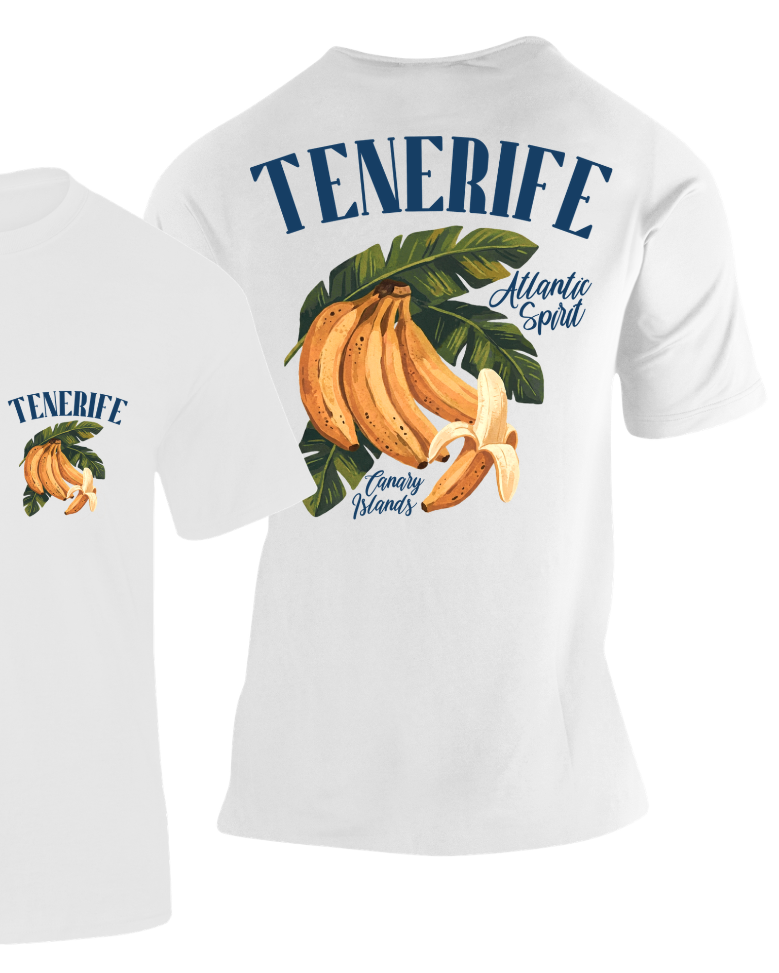 Camiseta Plátano Tenerife blanca con ilustración de plátanos canarios y texto "Atlantic Spirit" – Destination.es