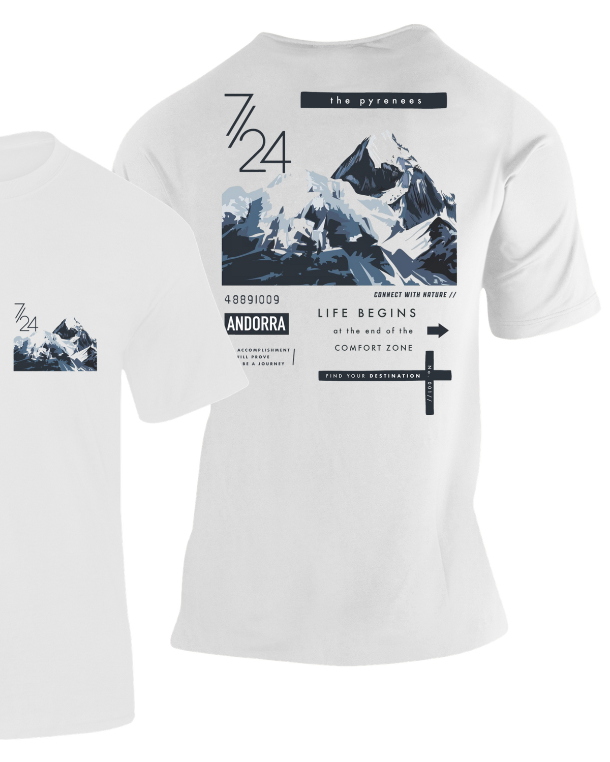 Camiseta Pyrenees Andorra blanca con ilustración de montañas y texto "Life Begins at the End of the Comfort Zone" – Destination.es