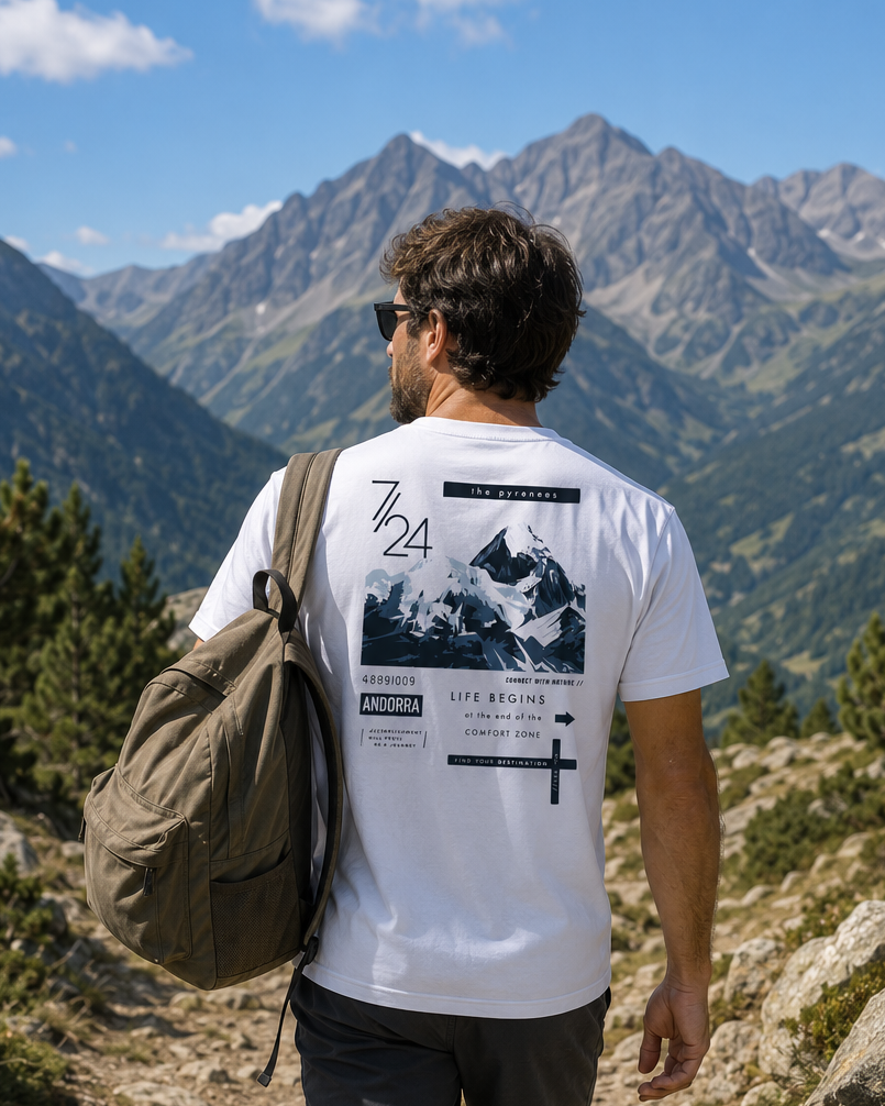 Modelo con Camiseta Pyrenees Andorra blanca, diseño ilustrado de montañas – Destination.es