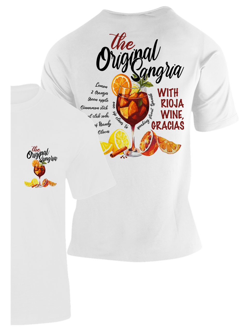 Camiseta Sangría Original blanca con receta ilustrada y copa de sangría – Destination.es