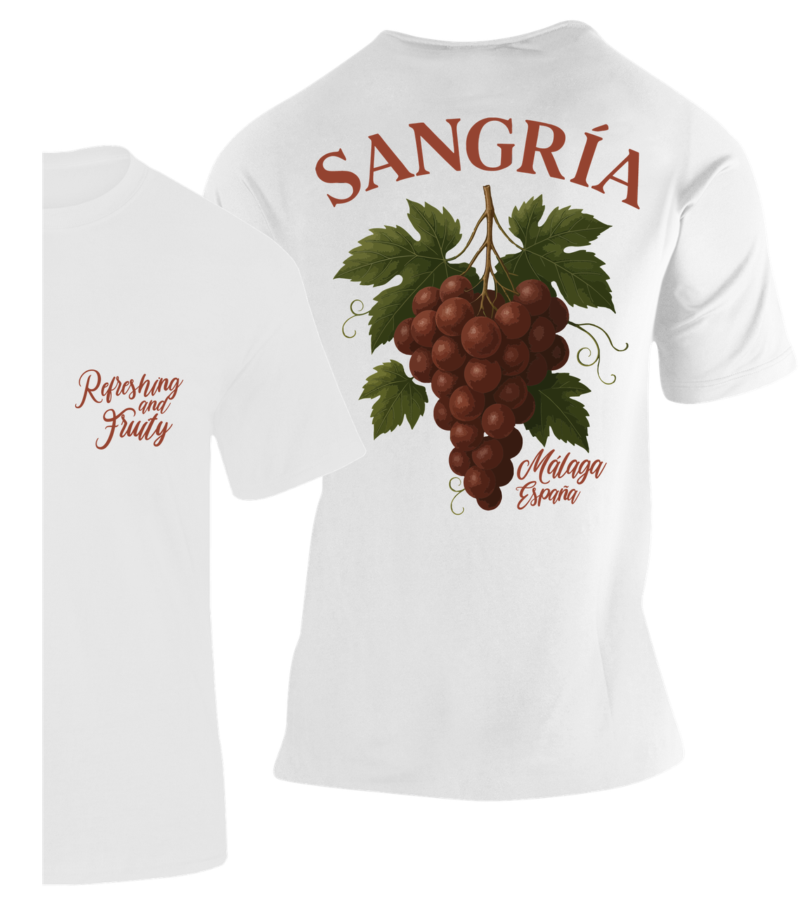 Camiseta Sangría Uvas Málaga blanca con ilustración de racimo de uvas y texto "Málaga España" – Destination.es