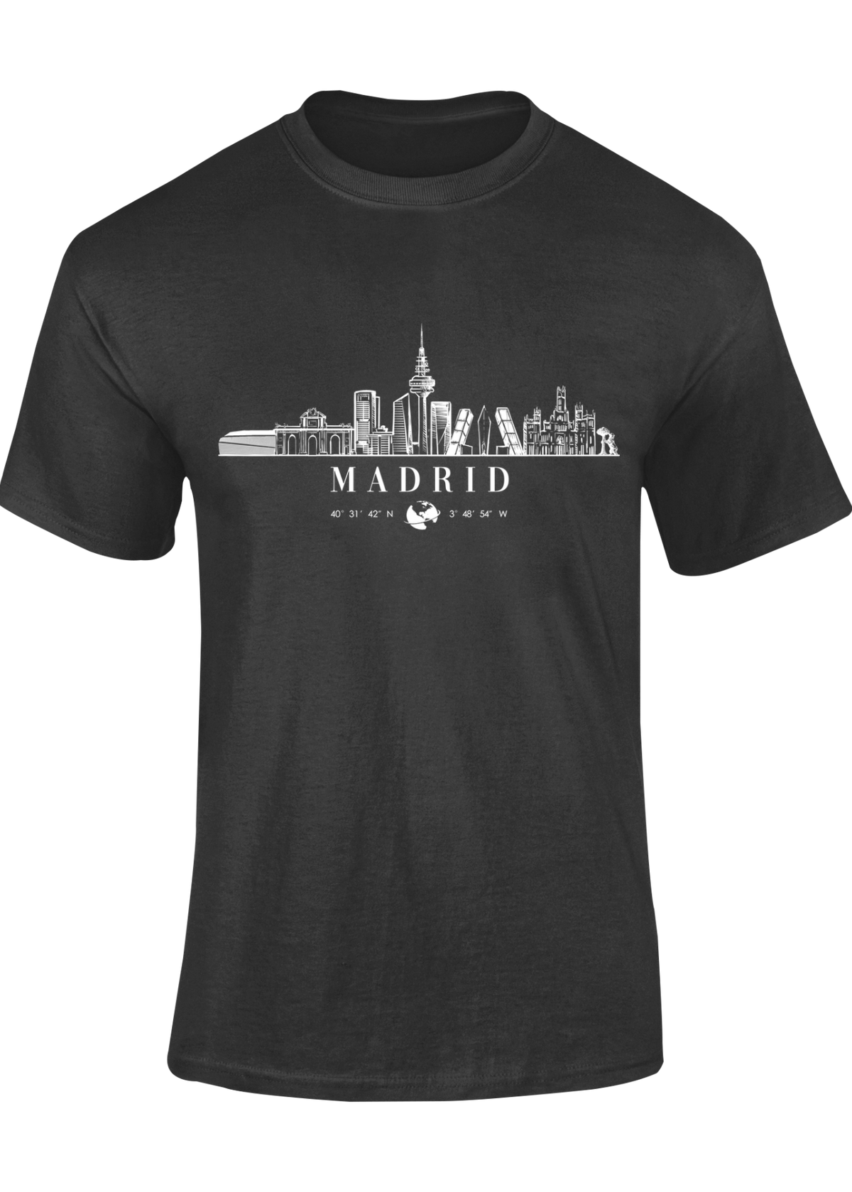 Camiseta Skyline Madrid negra con diseño del perfil de la ciudad en blanco y coordenadas – Destination.es