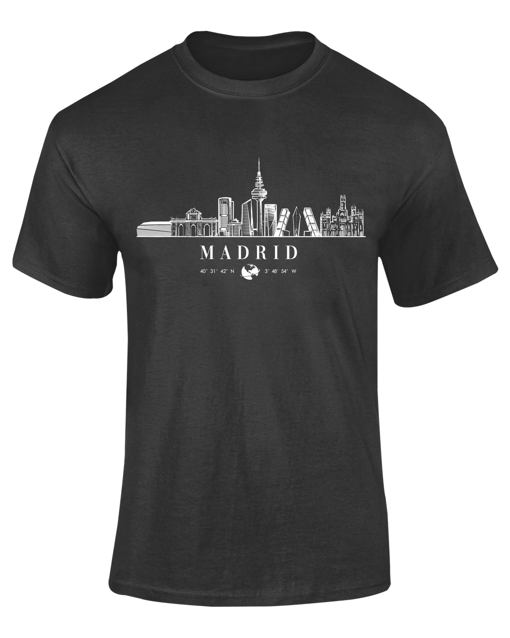 Camiseta Skyline Madrid negra con diseño del perfil de la ciudad en blanco y coordenadas – Destination.es