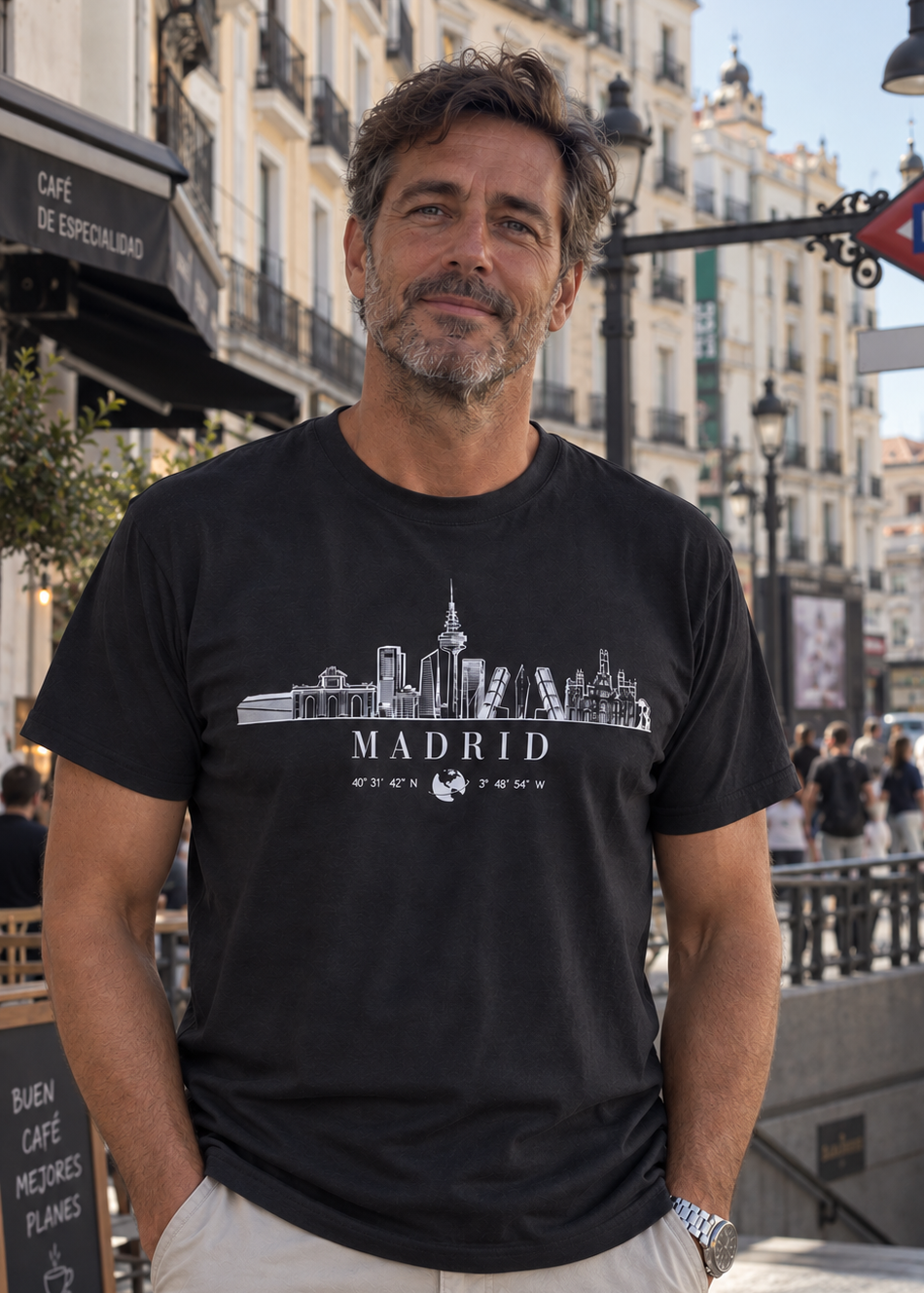 Modelo con Camiseta Skyline Madrid negra, diseño del skyline y coordenadas de la ciudad – Destination.es