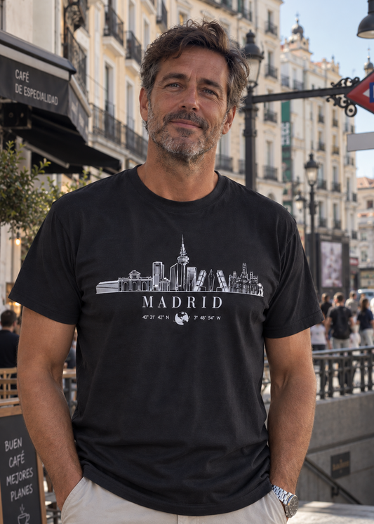 Modelo con Camiseta Skyline Madrid negra, diseño del skyline y coordenadas de la ciudad – Destination.es