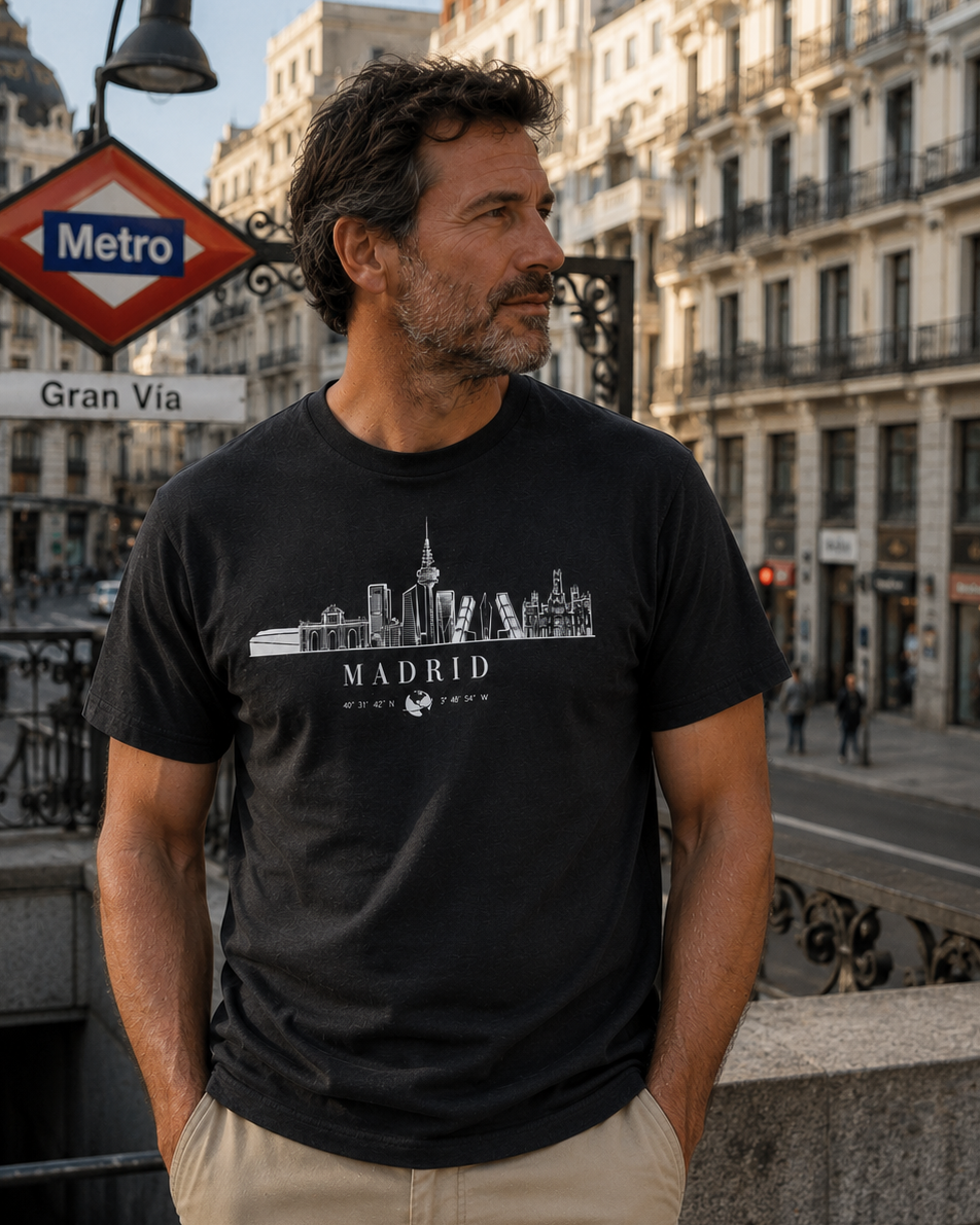 Modelo con Camiseta Skyline Madrid negra, diseño del skyline y coordenadas de la ciudad – Destination.es
