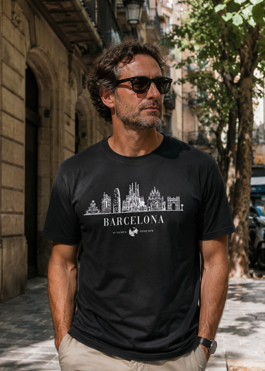 Modelo con Camiseta Skyline Negra Barcelona, diseño del skyline y coordenadas de la ciudad – Destination.es