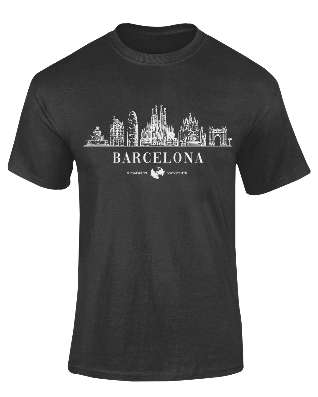 Camiseta Skyline Negra Barcelona con diseño del perfil de la ciudad en blanco y coordenadas – Destination.es