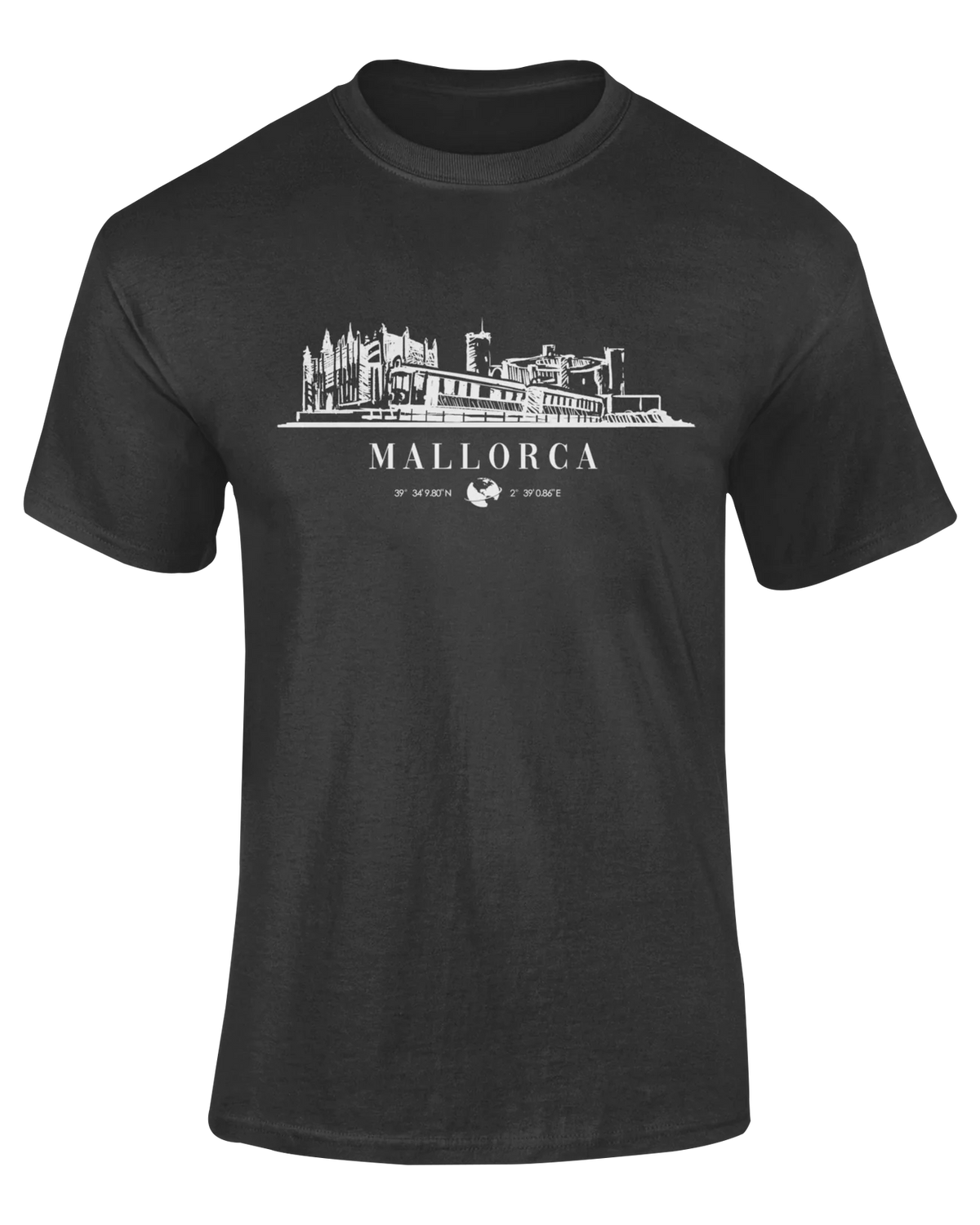 Camiseta Skyline Negra Mallorca con diseño del perfil de la ciudad en blanco y coordenadas – Destination.es