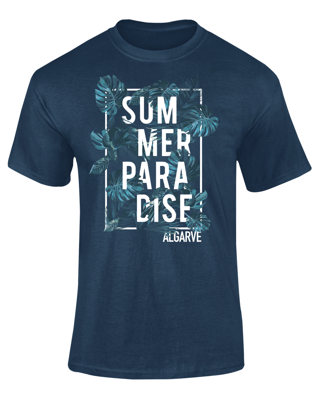 Camiseta Summer Paradise Algarve azul marino con diseño tropical y texto "Algarve" – Destination.es