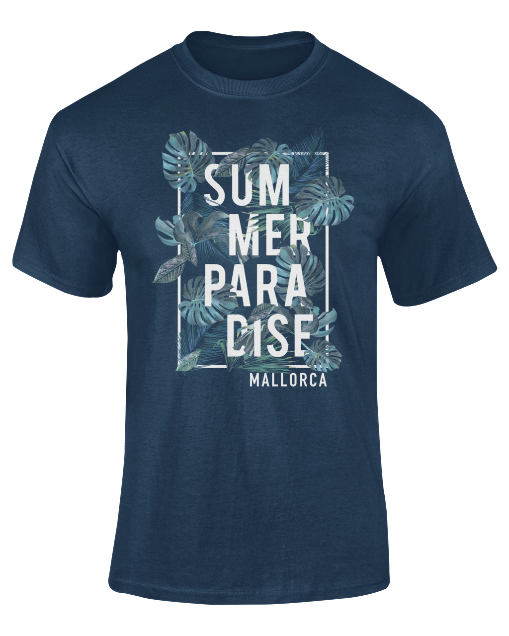Camiseta Summer Paradise Mallorca azul marino con diseño tropical y texto "Mallorca" – Destination.es