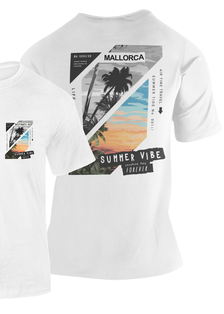Camiseta Summer Vibe Mallorca blanca con collage de palmeras y atardecer – Destination.es