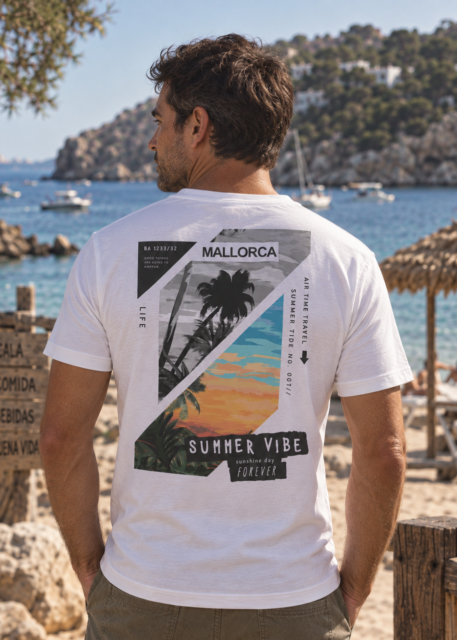 Modelo con Camiseta Summer Vibe Mallorca blanca, diseño streetwear tropical – Destination.es