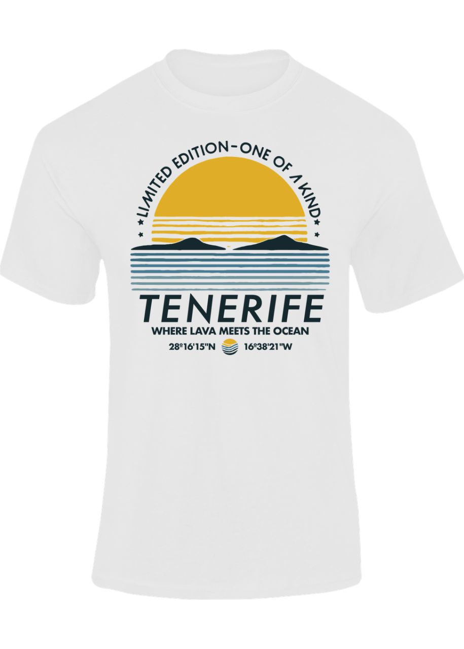 Camiseta Sunset Tenerife blanca con diseño retro de atardecer y texto "Where Lava Meets the Ocean" – Destination.es