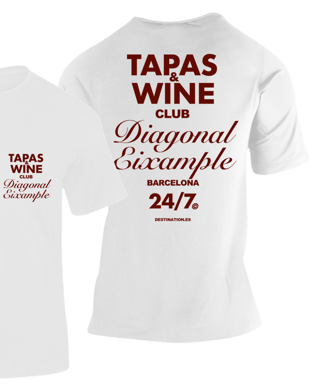 Camiseta Tapas & Wine Club Barcelona blanca con texto "Diagonal Eixample" en granate – Destination.es