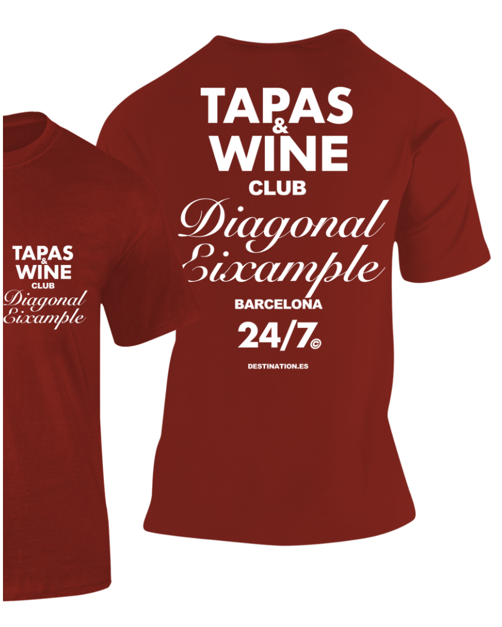 Camiseta Tapas & Wine Club Barcelona burdeos con texto "Diagonal Eixample" en blanco – Destination.es