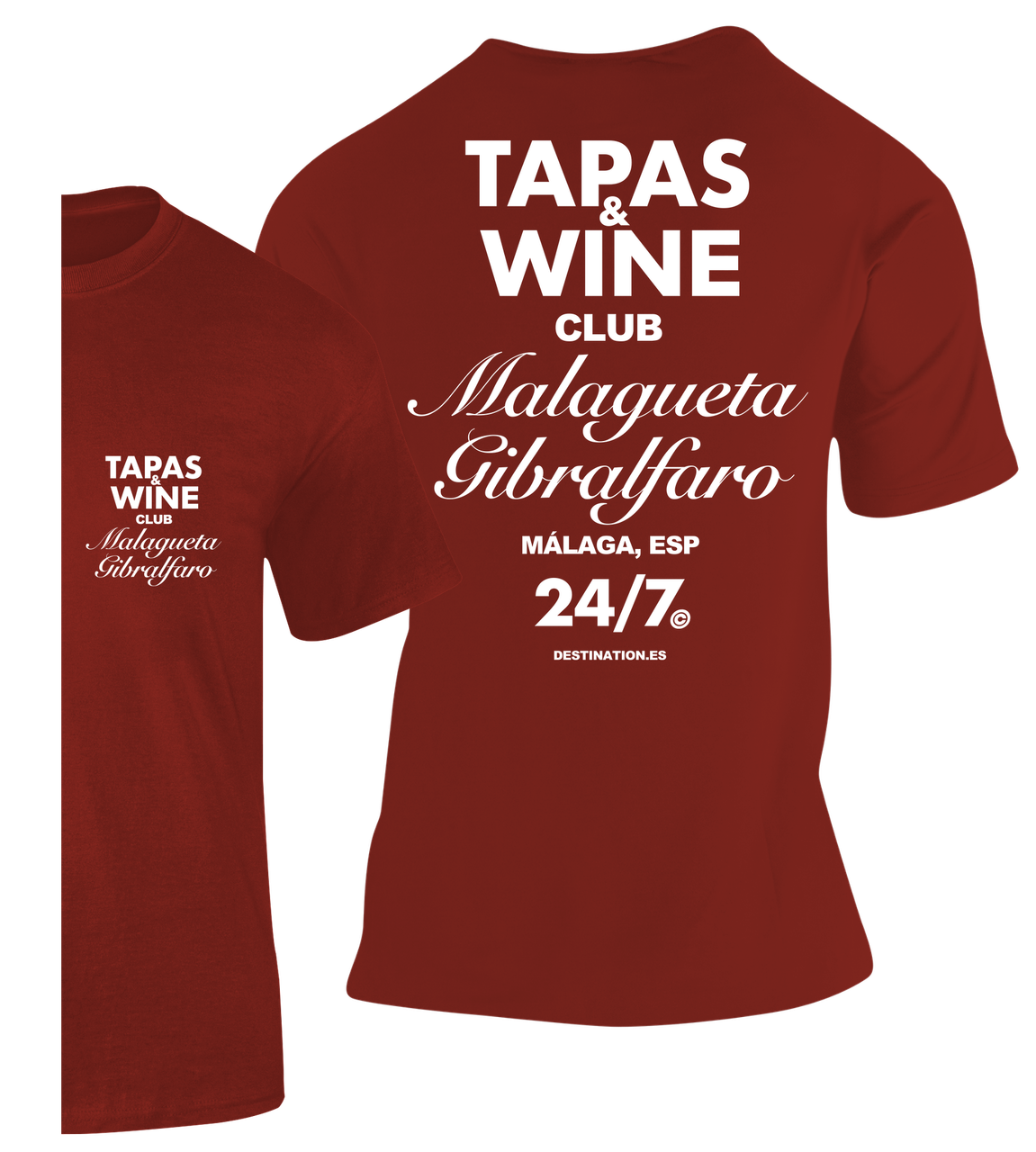 Camiseta unisex Tapas & Wine Club Málaga color burdeos con diseño exclusivo de La Malagueta, Gibralfaro y Destination.es