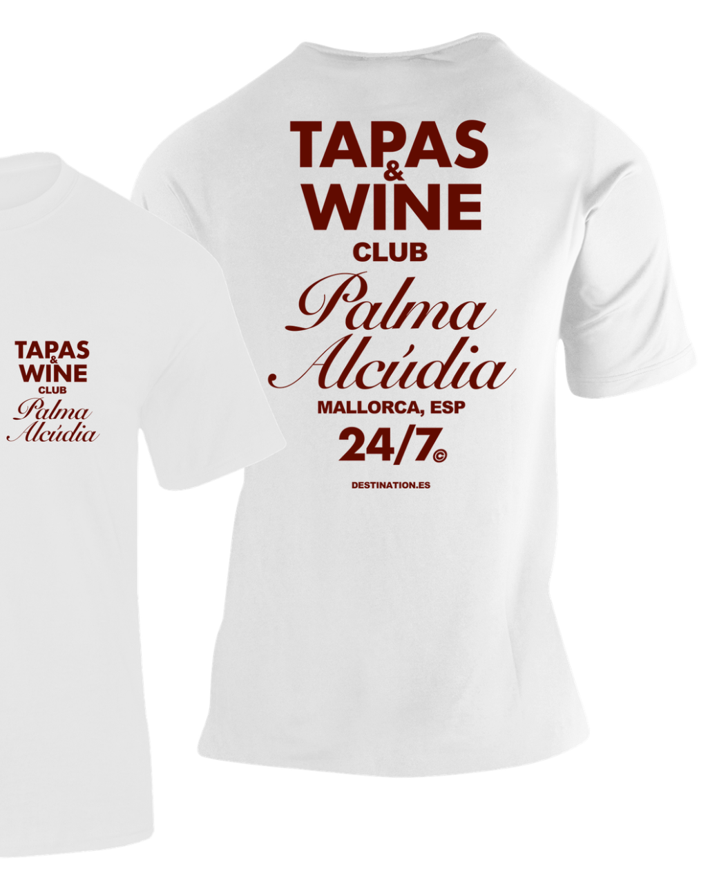 Camiseta Tapas & Wine Club Mallorca blanca con texto "Palma Alcúdia" en granate – Destination.es