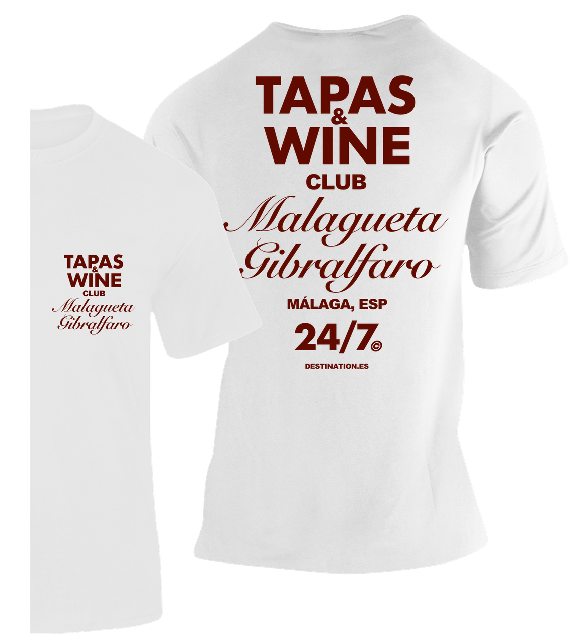 Camiseta blanca Tapas & Wine Club con ilustración de La Malagueta y el Castillo de Gibralfaro – Destination.es